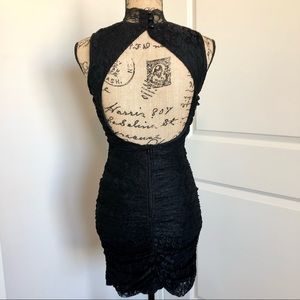 Black Lace Overlay Open Back Ruched Mini Dress